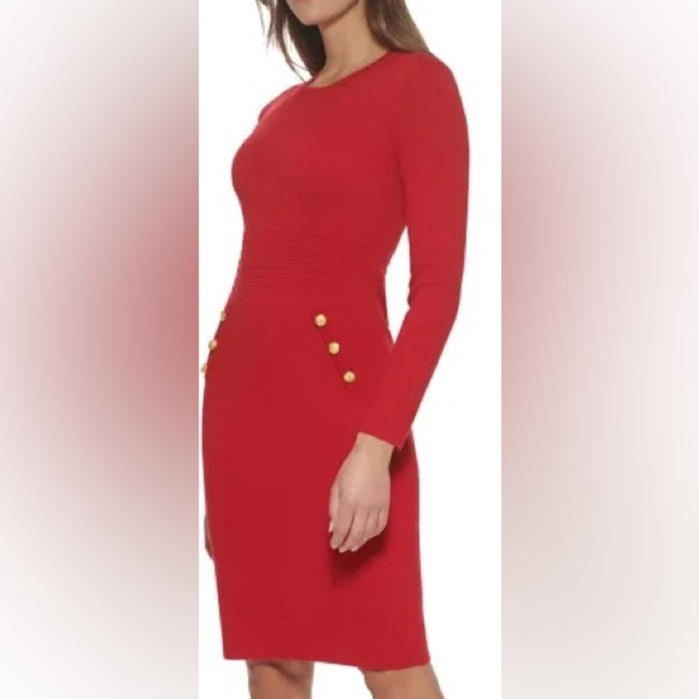 NWT DKNY, Size S - Red Button Trim Sweater Dress
